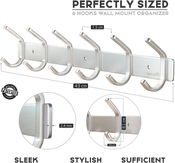 Coat Hooks Wall Mounted | Heavy Duty Stainless Steel Coat Rack Holder for Clothes, Hats, Robes, Towels (6 Hooks) - Image 2