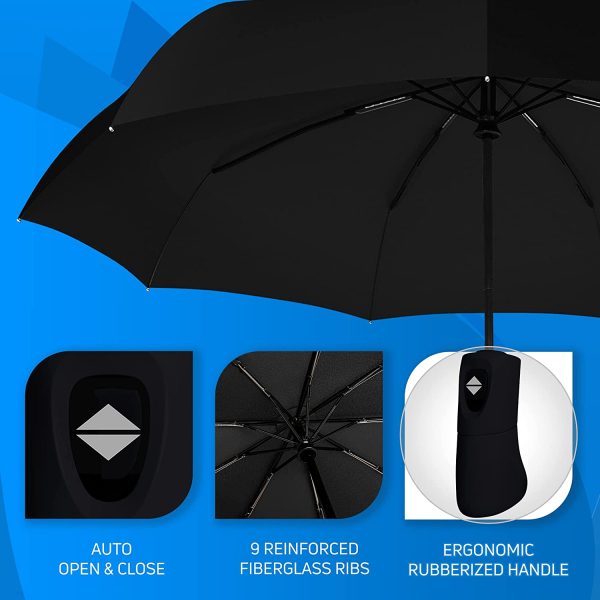 Rain-Mate Compact Travel Umbrella - Pocket Portable Folding Windproof Mini Umbrella - Auto Open and Close Button and 9 Rib Reinforced Canopy (Black) - Image 5