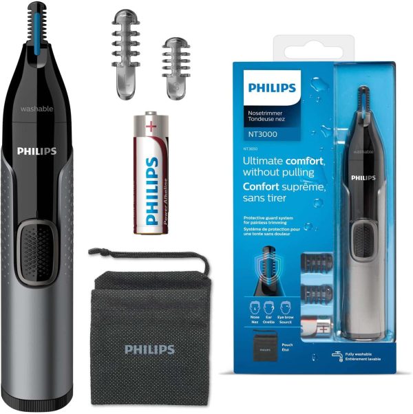 Philips Nose Hair Trimmer, Series 3000 Nose, Ear and Eyebrow Trimmer Showerproof with Protective Guard System, Battery-Operated, No pulling - NT3650/16