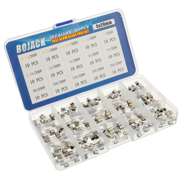 BOJACK 15 Values 150pcs Fast blow Glass Fuses Assortment Kit 5x20mm 250V 0.1 0.2 0.25 0.5 1 1.5 2 3 4 5 8 10 12 15 20A packag in a clear plastic box - Image 5