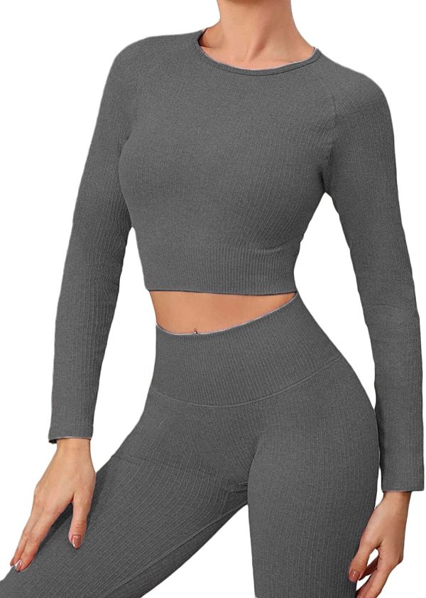 Buscando Long Sleeve Workout Sets for Women 2 Piece Ribbed High Waitst Athletic Legging Workout Outfits 2 Piece