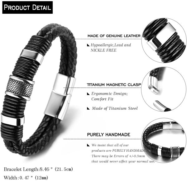 HALUKAKAH ?? Solo ?? Men's Genuine Leather Titanium Bracelet Black & Silver 8.46"(21.5cm) with Free GIftbox - Image 4