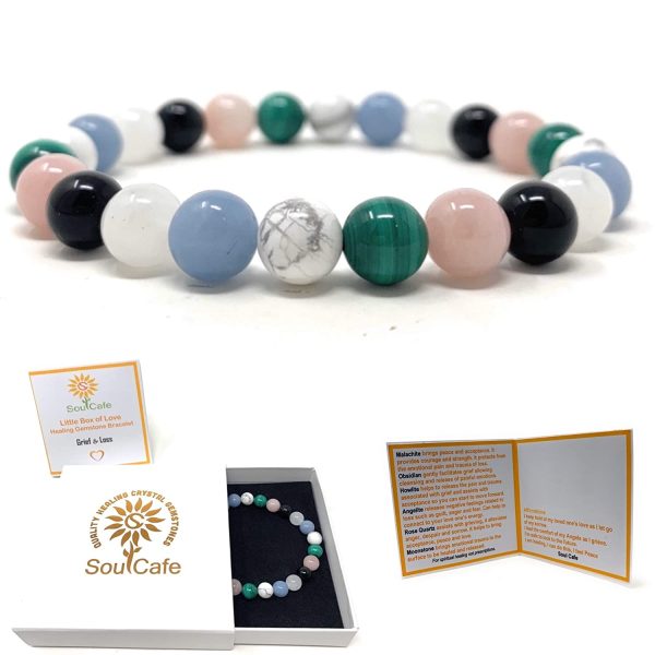 Grief & Loss Healing Gemstone Stretch Bracelet - Gift Box and Tag - Malachite, Moonstone, Angelite, Howlite, Obsidian, Rose Quartz - Image 5