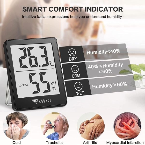 DOQAUS Digital Room Indoor Thermometers, Mini Humidity Meter, Hygrometer Thermometer with Comfortable Icons, Thermometer Room Temperature Monitor for Home Office Nursery Baby Room Greenhouse(Black) - Image 6