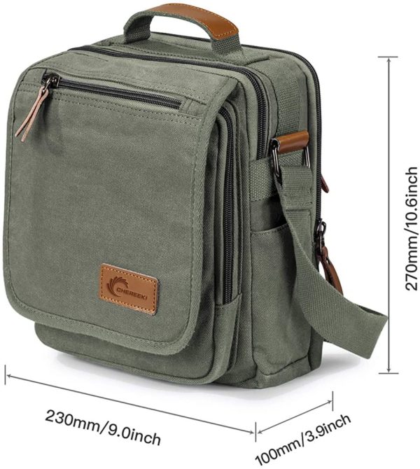 CHEREEKI Canvas Bag, Shoulder Bag Messenger Bag with Multiple Pockets (Hold 10 inch Tablet, iPad, Kindle) (Army Green) - Image 3