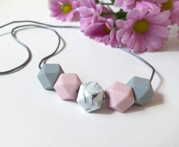 Little Teethers UK Teething Necklace Breastfeeding Nursing for Mum to Wear Baby BPA FREE Silicone Beads Pink Grey - Image 2