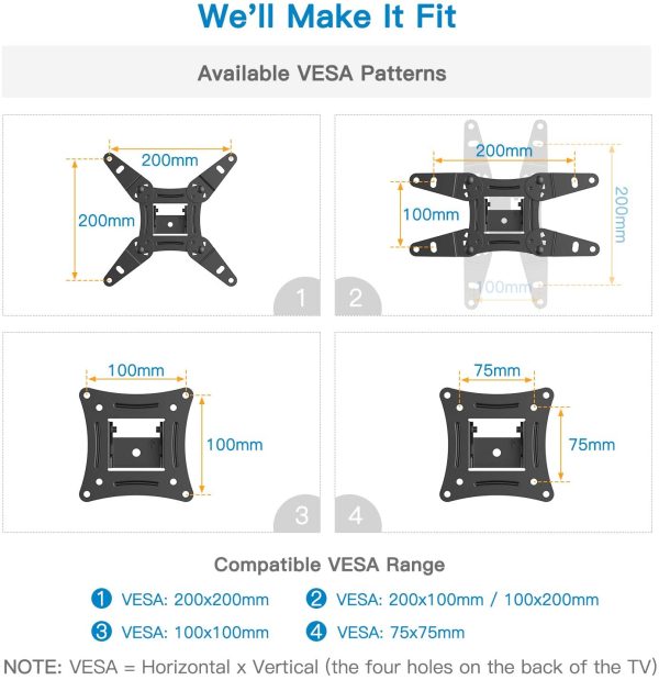 PERLESMITH TV Wall Bracket for 13-42 inch TVs, Swivels Tilts TV mount for Flat & Curved TV??VESA 75x75mm to 200x200mm up to 20kg - Image 5