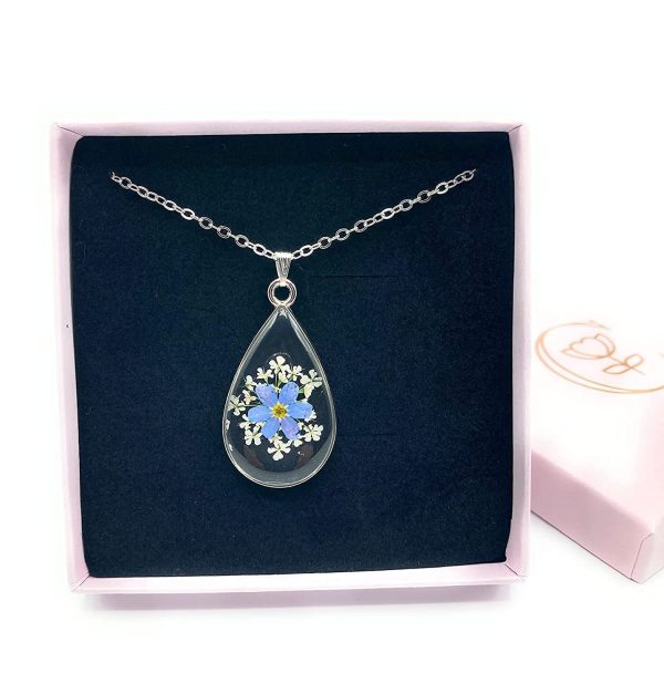 Valentine's Day gift. Teardrop shaped Pressed dried Forget Me Not and Queen Annes Lace Flower Pendant and Silver plated Necklace. Gift box included. Lace 13th Wedding Anniversary Gif - Image 2