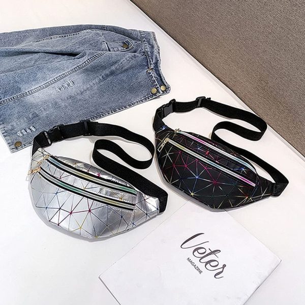 Geometric Bum Bag Waist Bag Holographic Fanny Pack Reflective Color Shiny Belt Bag Unusual for Ladies Travel Party Sports Running Hiking (Black) - Image 2