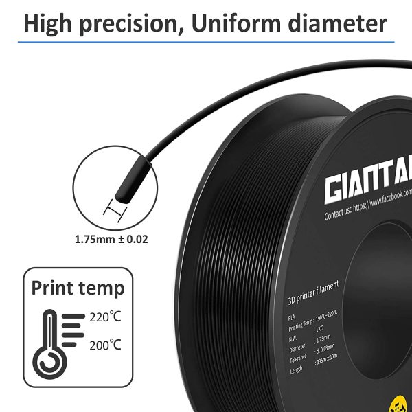 PLA Filament 1.75mm, GIANTARM Classic PLA 3D Printer Filament 1kg Spool Black - Image 4