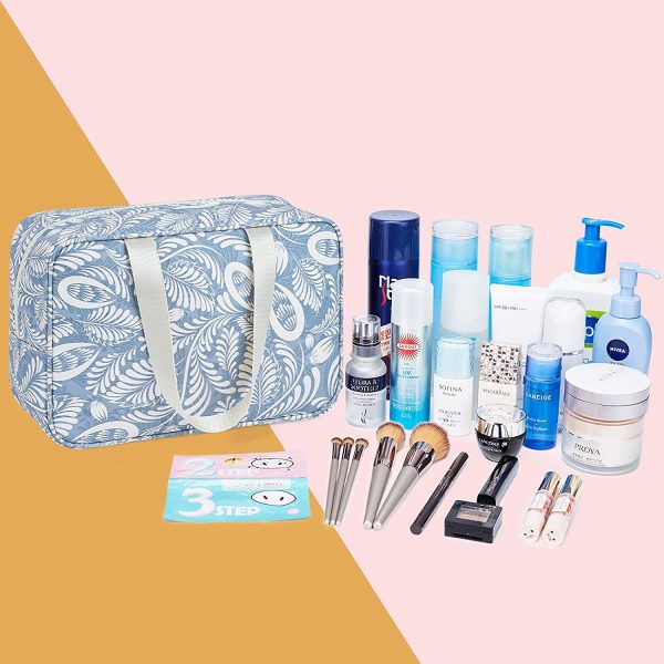 Full Size Toiletry Bag Large Cosmetic Bag Travel Makeup Bag Organizer for Women and Girls (Blue Leaf) - Image 6