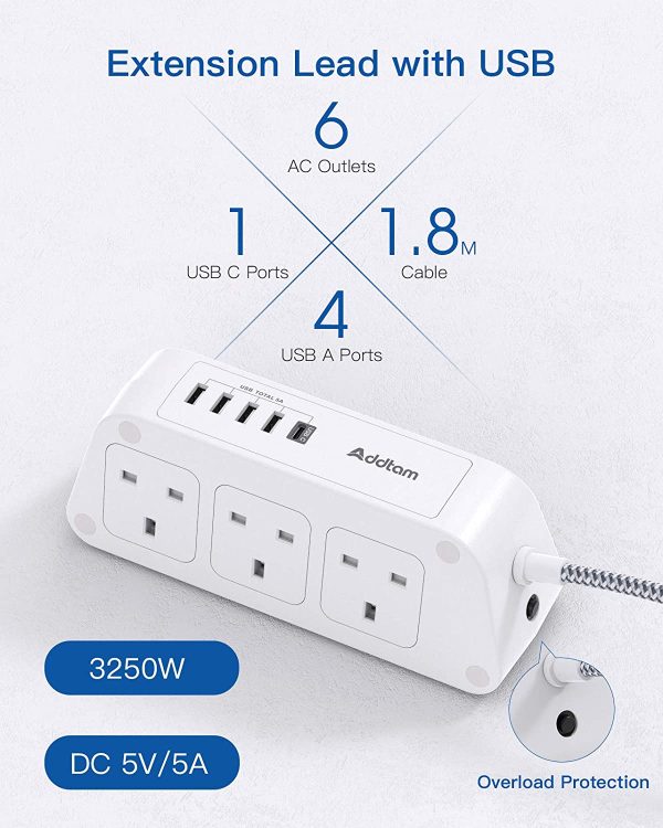 Extension Lead with USB Slots??6 Way Outlets 5 USB(5A, 1 USB- C and 4 USB-A Port) with 1.8M Braided Extension cord, 3250W Overload Protection??Security Surge Protection Plug Extension Socket - Image 7