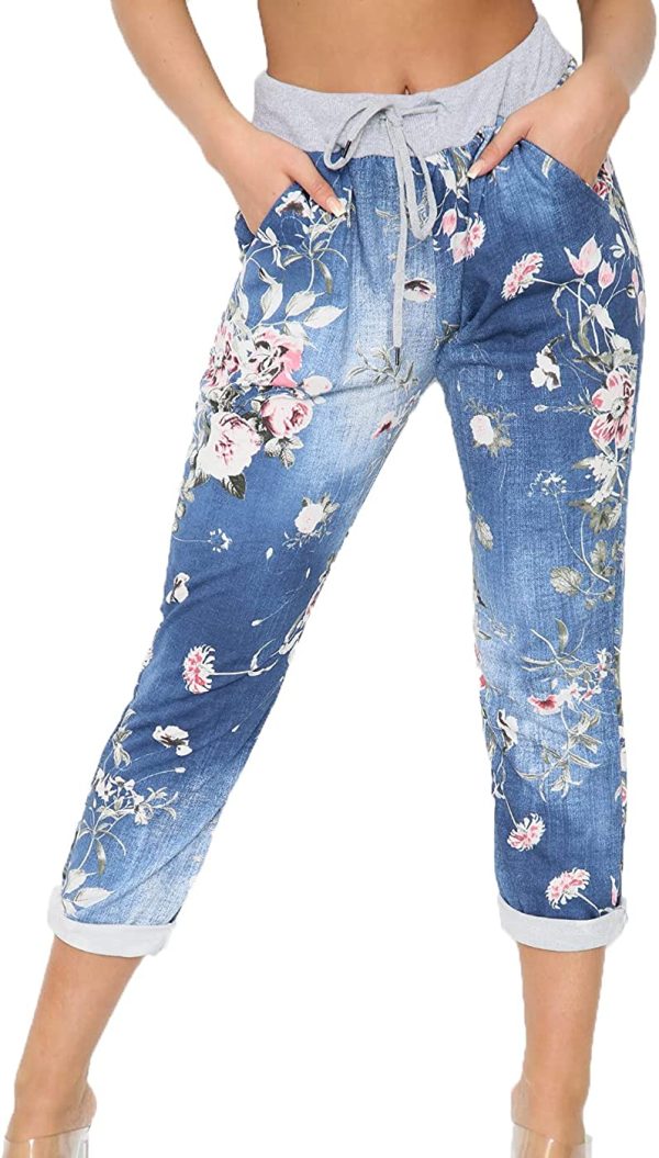 Crazy Fashion Women??s Ladies Denim Joggers Star Printed Sweatpants Floral Ribbed Waistband Trousers Ladies Casual Summer Drawstring Italian Gym Running Pants Plus Size 8-26