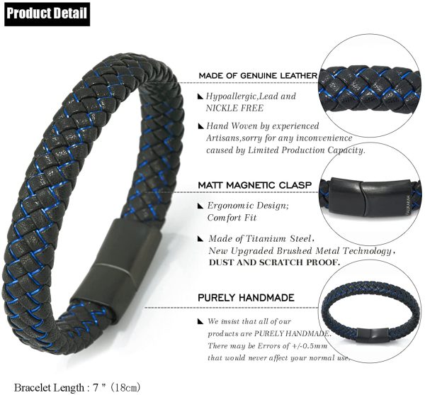 HALUKAKAH Kids ?? Jazz Junior ?? Boy's Genuine Leather Handmade Braid Black Mix Blue/Red Bracelet 6-12 Y/O. Titanium Magnetic Frosted Clasp Size Adjustable 18-19.5cm with Free Giftbox - Image 7