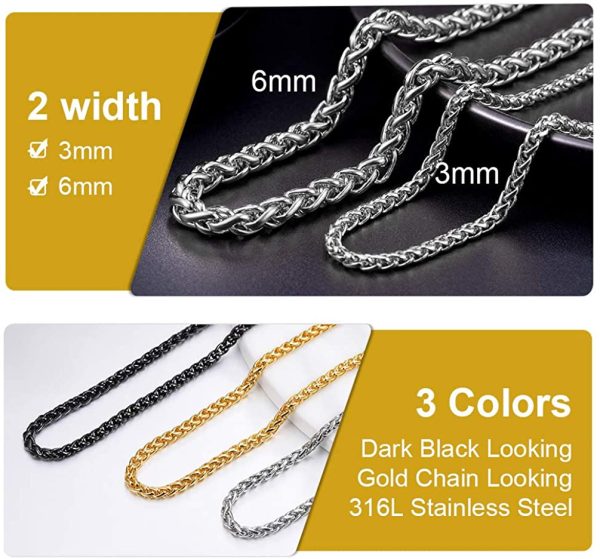 PROSTEEL Engraving, Men 3MM Wheat Chain Necklace, 18/20/22/24/26/28/30 Inches, 316L Stainless Steel/Gold Plated (with Gift Box) - Image 5