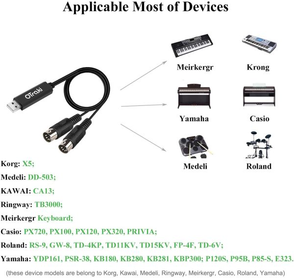 OTraki USB MIDI Cable 3.3Ft 1m In-Out MIDI to USB Cable with LED Indicator 5 PIN DINs for Music Keyboard Piano to PC Laptop USB MIDI Interface Converter for Home Music Studio - Image 4