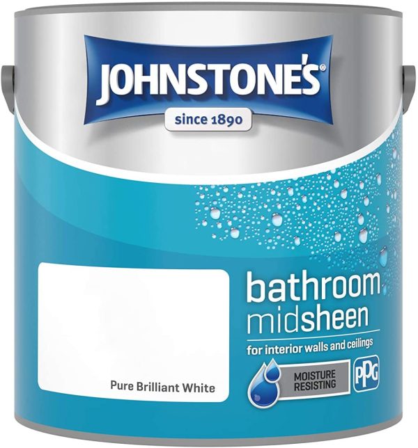 Johnstone's 389464 - Bathroom Paint - Mid Sheen - Moisture Resisting - Low Odour - Pure Brilliant  - 2.5 L & Harris 101011006 Essentials Walls & Ceilings Paint Brush 5 Pack - Image 4