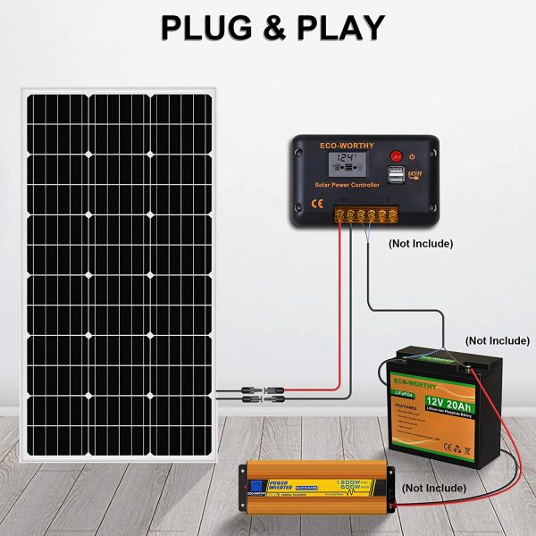 ECO-WORTHY 100 Watts Monocrystalline Solar Panel 12 Volts Applicable to Motorhome Caravan Camper Shed Boat Yacht Off Grid Solar System Backup Power