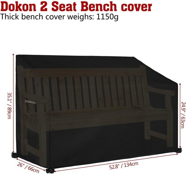 Dokon 2 Seat Garden Bench Cover with Air Vent, Waterproof, Windproof, Anti-UV, Heavy Duty Rip Proof 600D Oxford Fabric Outdoor Patio Bench Seat Cover (134 x 66 x 63 / 89cm) - Black - Image 2