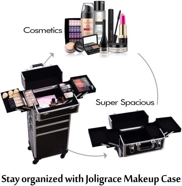 Joligrace Professional 4-in-1 Large Beauty Make up Trolley Cosmetics Vanity Organiser Rolling Case with Universal Wheels and Key Locks 4 Tiers (Black) - Image 5