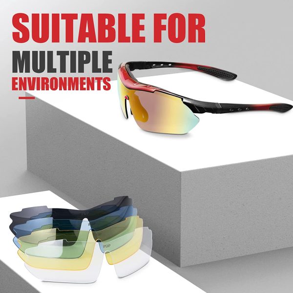 IPSXP Polarized Sports Sunglasses with 5 Interchangeable Lenses,Mens Womens Cycling Glasses,Baseball Running Climbing Fishing Driving Golf??Red and black?? - Image 7