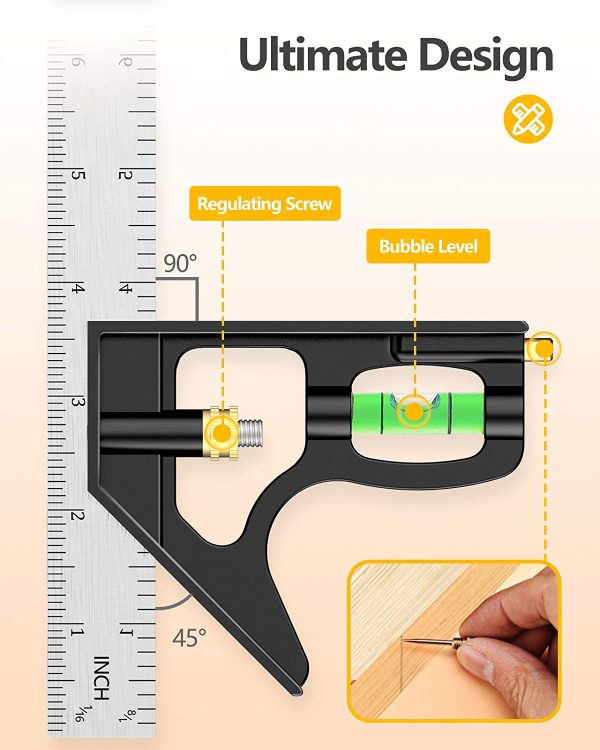 Combination Square, Set Square Engineers Square 12Inch/300mm Stainless Steel Ruler, Adjustable Carpentry Square 45/90 Degree with Bubble Level, Measuring Tool for Engineer/Carpenter/Woodworking-Black - Image 2