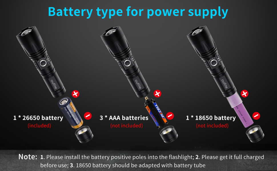  Outlite LED Torch Super Bright 5000 Lumen Torches withRechargeable 26650 Battery