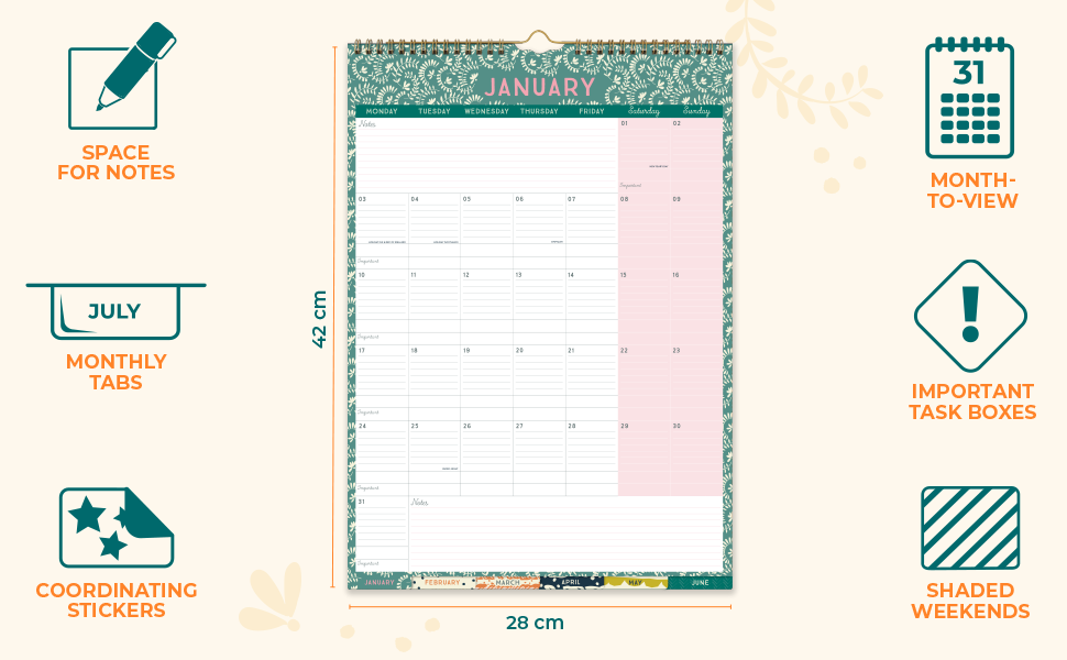 Overview of the calendar's month-to-view layout with shaded weekends and important task boxes.