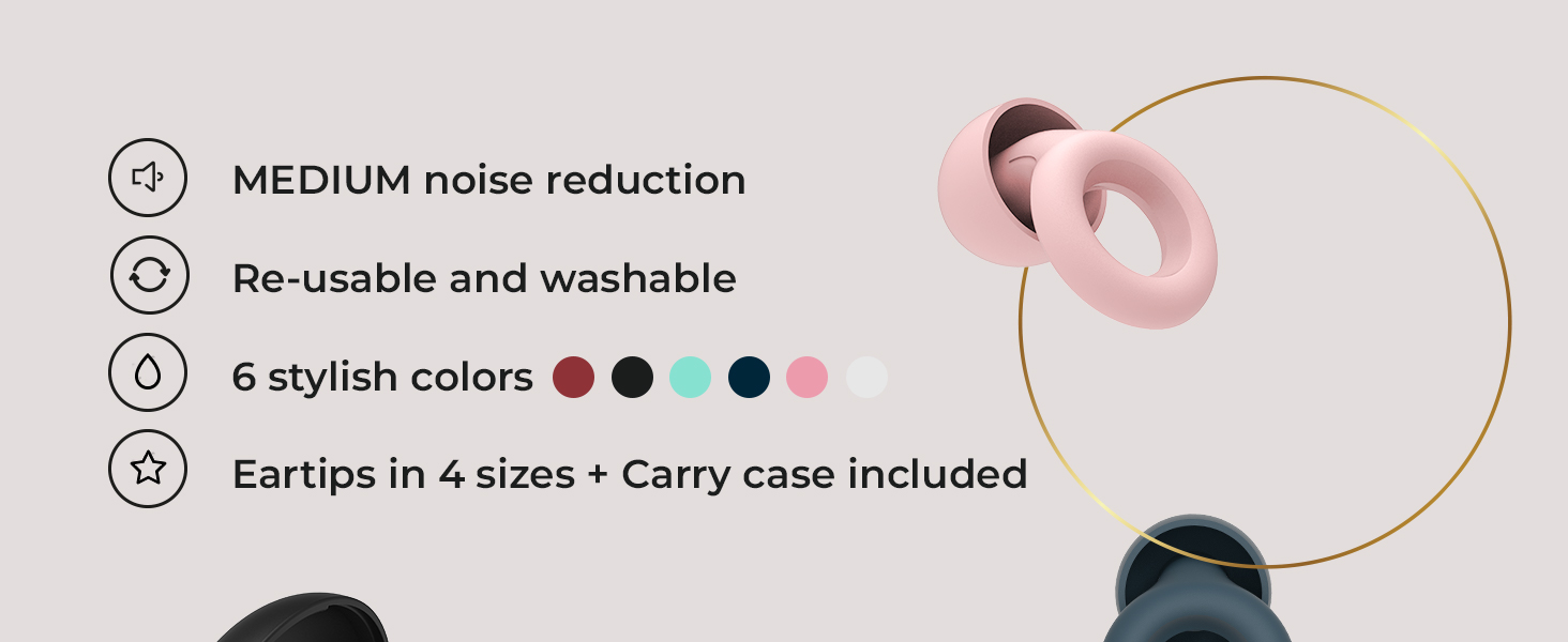 MEDIUM noise reduction, re-usable and washable. 6 stylish colors, Eartips in 3 sizes + carry case