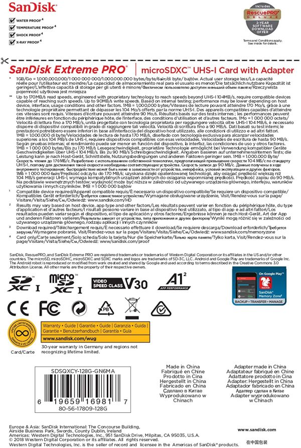 Extreme Pro 128GB microSDXC Memory Card + SD Adapter with A2 App Performance + Rescue Pro Deluxe 170MB/s Class 10, UHS-I, U3, V30 - Image 4