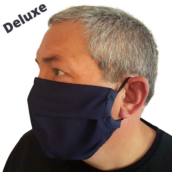 Deluxe Face Mask/Multi Layer Roomier For Larger People Or Beard Wearers/British Quality Handmade 100% Cotton/Head Ear Elastic/Re-Usable/Washable-Black/Navy Face Covering - Image 7