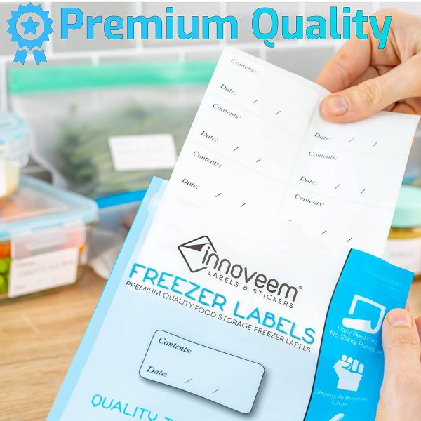 Innoveem Freezer Labels Easy Peel Off - Frozen Food Storage Labels That Leave No Sticky Residue After Use - Perfectly Sized (6 x 3cm) Easy to Write Surface with Any Pen or Biro. [100 Pack]