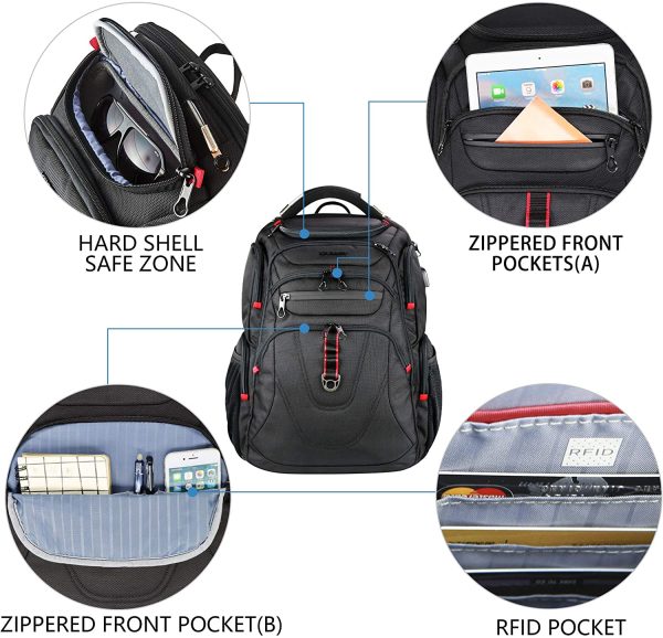 KROSER Travel Laptop Backpack 17.3 Inch XL Heavy Duty TSA Computer Backpack Water-Repellent College Daypack Business Backpack with RFID Pockets & USB Port for Men/Women-Black