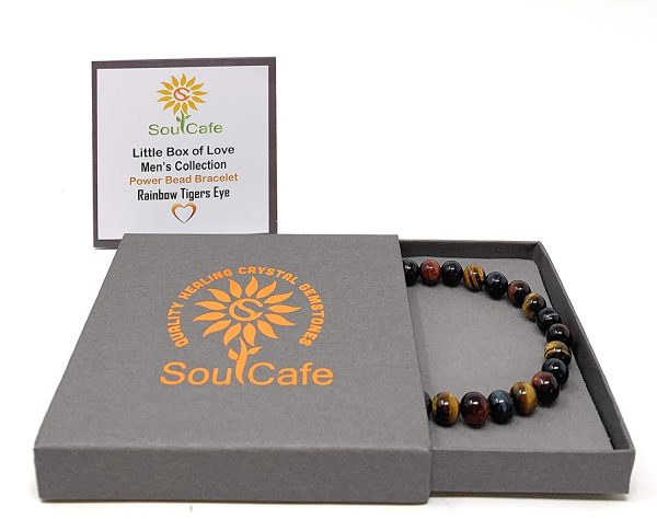 Men's Rainbow Tigers Eye Stretch Power Bead Bracelet - Soul Cafe Gift Box & Tag - Image 6