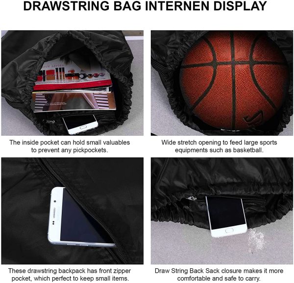 Drawstring Bag String Gym Sack Drawstring Sports Bag Swim Men Women Sack Outside Pocket Zipper PE Backpack Beach School Holidays Swimming Travel Boy Girl Waterproof (Black) - Image 6