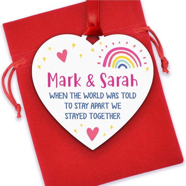 Lockdown Valentines Gifts For Boyfriend, Girlfriend, Husband, Wife - Personalised Lockdown Couples We Stayed Together Rainbow Gifts for Him Her - Lockdown Hanging Heart Plaque With Red Bag