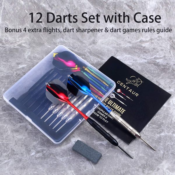 CENTAUR 12 Pack Steel Tip Darts, Professional 22 Grams Metal Dart Set with 4 Color Premium  and 4 Style PET Flights and Dart Case, Silver & Black?? - Image 6