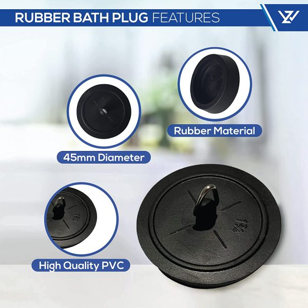 Bath Plug 45mm (1.3/4 Inch) Made of Durable Black Rubber- Sink Stopper Rubber Sink Plug with Hook for Kitchen Sink Drain Bathtub Bathroom Basin Holes (Pack of 2) - Image 2