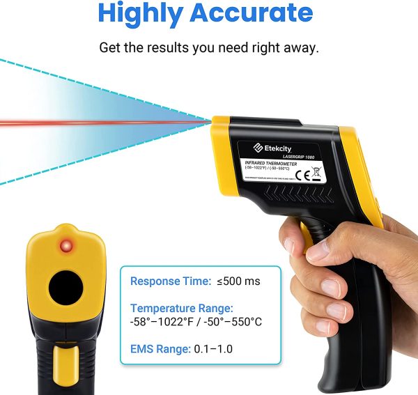 Etekcity Infrared Thermometer Non-Contact Digital Laser Temperature Gun,-50??C ~ 550??C ( -58??F~1022??F ) with LCD Display, for Cooking/Pizza Oven/BBQ/Fridge, (Not for Human), Lasergrip 1080 - Image 4