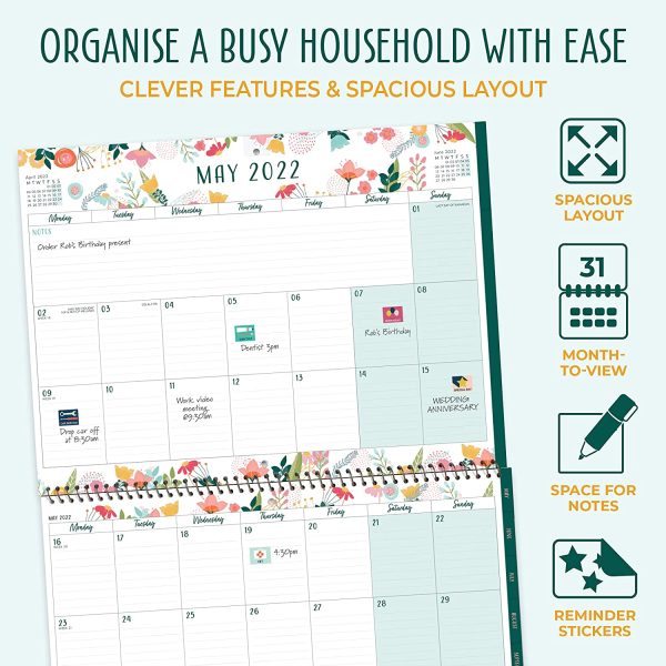 Home Planner, Family Calendar 2022. Large 2022 Calendar to Organise Busy Families. Wall Calendar 2022 Starts Now Until Dec'22. Spacious 2022 Wall Calendar with to Do Lists & Stickers. - Image 9