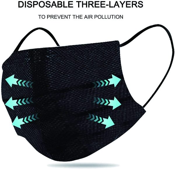 Black 3 Ply Disposable Face Masks, Breathable Face Covering Protection, Disposable Mask with Adjustable Design, Daily Use Three Layer Face Mask (50) - Image 3