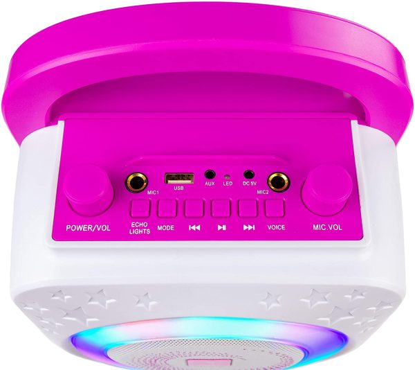 RockJam 10-Watt Rechargeable Bluetooth Karaoke Machine with Two Microphones, Voice Changing Effects & LED Lights - Pink - Image 9