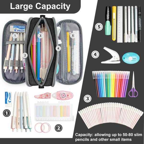 Large Pencil Case Big Capacity Pencil Pouch Bag Pen Holder 3 Compartments School Supplies Stationery Storage Organizer for Middle High School Office College Students Girl Boy Adult Teen??Black?? - Image 4