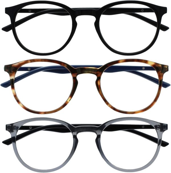 Opulize Met 3 Pack Reading Glasses Large Round Black Brown Grey Mens Womens Spring Hinges RRR60-127 +0.00