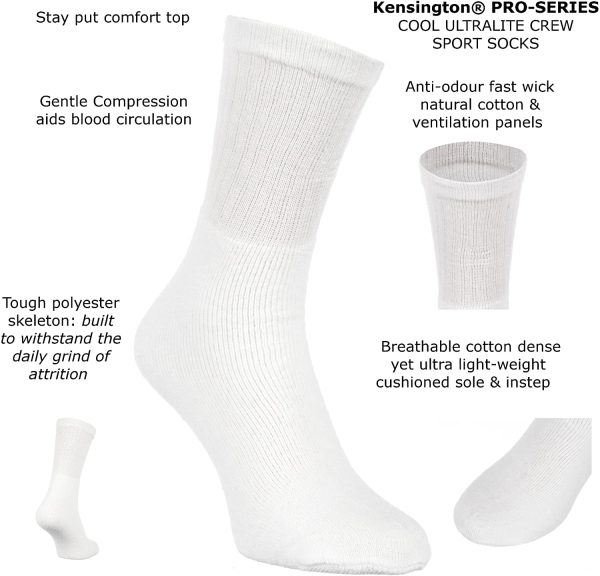 Kensington? 10 Pairs Men Sport Socks Size 6-11 Thick Cotton Cushion Crew Compression Ankle Large Pack For Under Trainer Blister Armour Black White Colour