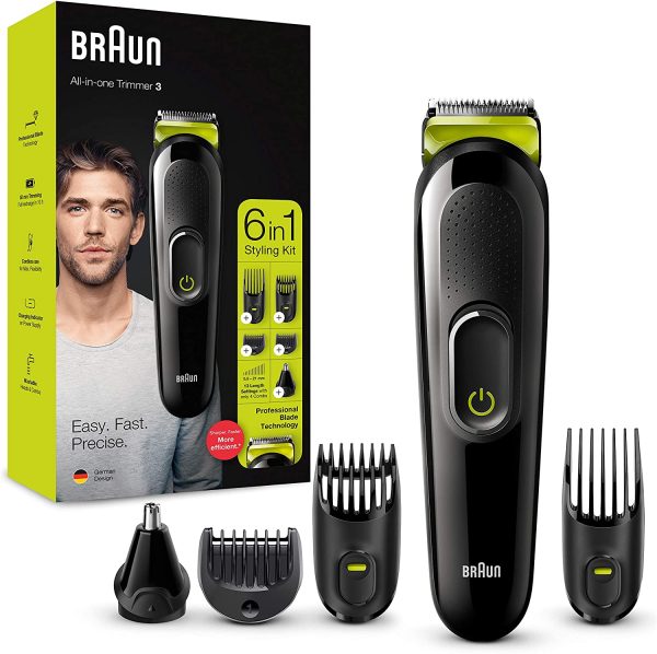 Braun 6-in-1 Beard Trimmer, With Hair & Nose Trimmer, For Beard, Face & Hair Trimming With Lifetime Sharp Blades, 5 Attachments, Gifts for Men, 2 Pin Bathroom Plug, MGK3221, Black/Volt Green - Image 3