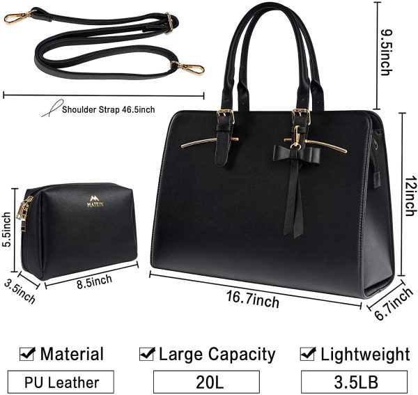 Laptop Tote Bag for Women, 15.6 Inch Large Leather Handbag, Stylish Ladies Designer Messenger Bag Waterproof Computer Shoulder Briefcase for Work Travel, Ladies Hand bag and Purse 2PCS Set, Black - Image 3