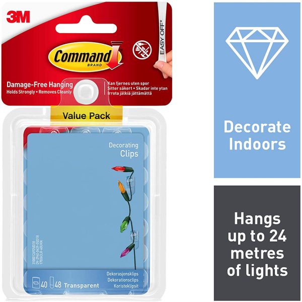 Command Large White Picture Hanging Strips PH206-14EU & Decorating Clips, Value Pack of 40 Mini Hooks and 48 Small Adhesive Strips, Transparent - Image 3