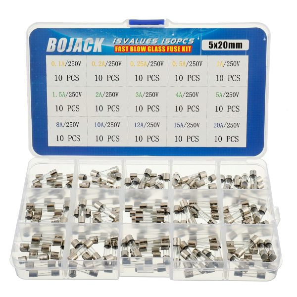 BOJACK 15 Values 150pcs Fast blow Glass Fuses Assortment Kit 5x20mm 250V 0.1 0.2 0.25 0.5 1 1.5 2 3 4 5 8 10 12 15 20A packag in a clear plastic box - Image 3