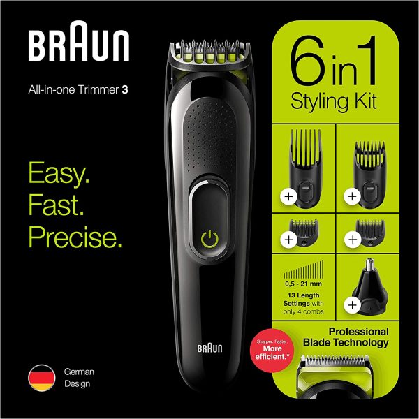 Braun 6-in-1 Beard Trimmer, With Hair & Nose Trimmer, For Beard, Face & Hair Trimming With Lifetime Sharp Blades, 5 Attachments, Gifts for Men, 2 Pin Bathroom Plug, MGK3221, Black/Volt Green